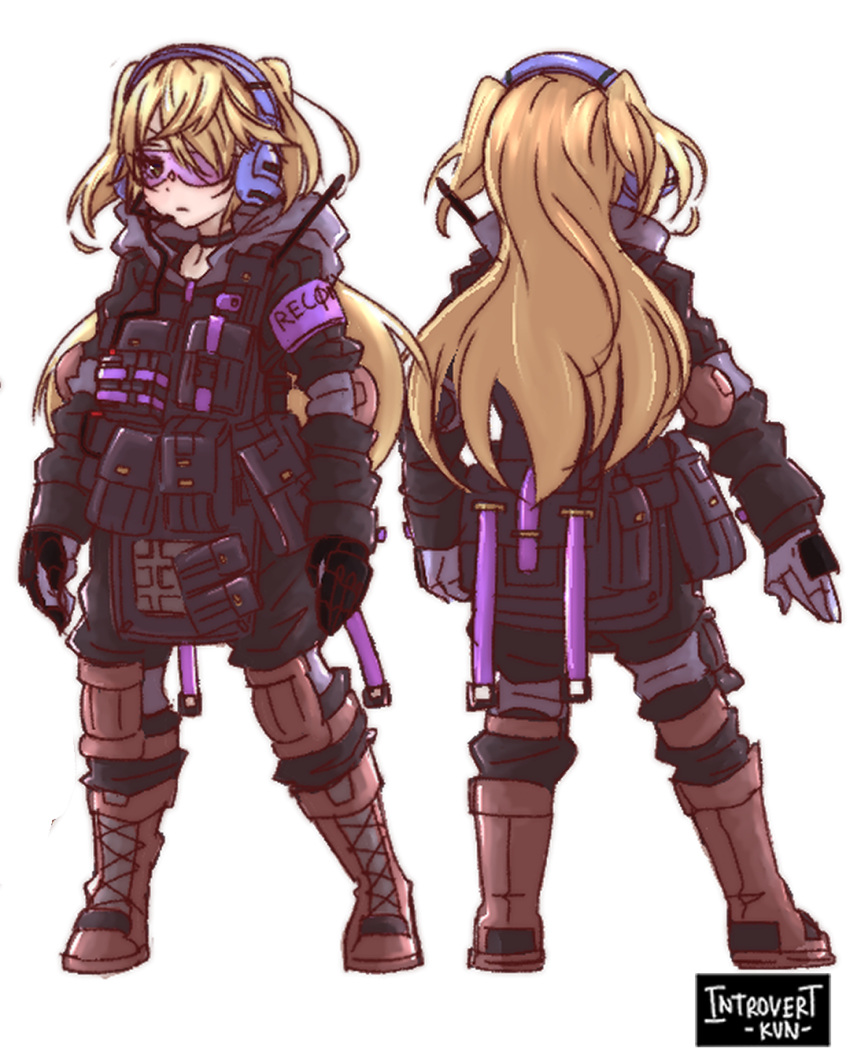 1girl alternate_costume backpack bag bangs bespectacled black_gloves blonde_hair boots bulletproof_vest chibi choker combat_boots eyebrows_visible_through_hair fischl_(genshin_impact) from_behind full_body genshin_impact glasses gloves green_eyes headset highres introvert-kun long_hair looking_at_viewer sidelocks simple_background solo tactical_clothes two_side_up