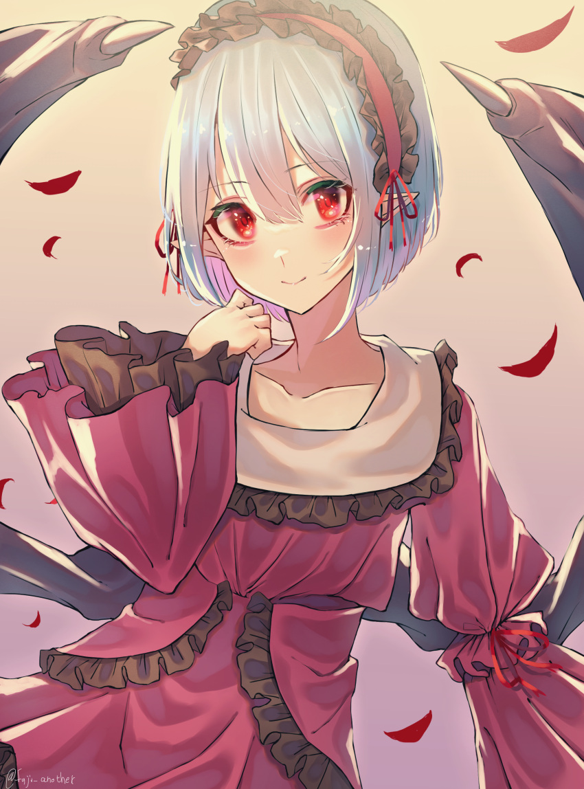 1girl absurdres bat_wings blue_hair dress frilled_dress frills gradient gradient_background hairband highres katsukare pointy_ears red_dress red_eyes remilia_scarlet short_hair smile tagme touhou wide_sleeves wings