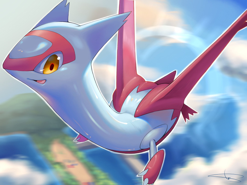 animal_focus artist_name blue_sky claws clouds commentary_request day dragon flying full_body gen_3_pokemon happy highres latias legendary_pokemon looking_down midair motion_blur no_humans open_mouth orange_eyes outdoors outline pokemon pokemon_(creature) rio_(user_nvgr5434) shiny shiny_skin sideways_mouth signature sky smile solo white_outline wings