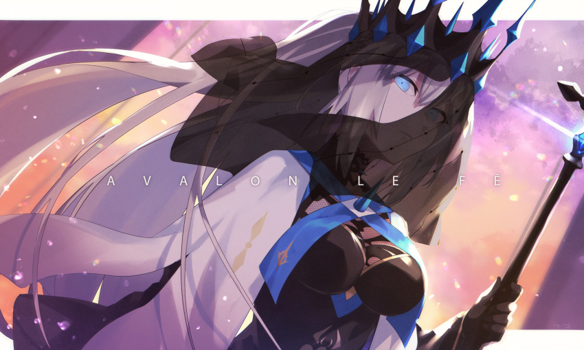 1girl bangs black_dress black_gloves black_veil blue_eyes breasts choker collar crown dress english_text eyebrows_visible_through_hair fate/grand_order fate_(series) gloves hair_between_eyes highres holding holding_staff holding_weapon long_hair looking_at_viewer medium_breasts morgan_le_fay_(fate) platinum_blonde_hair ponytail solo spiked_collar spikes staff tia_(cocorosso) upper_body veil weapon