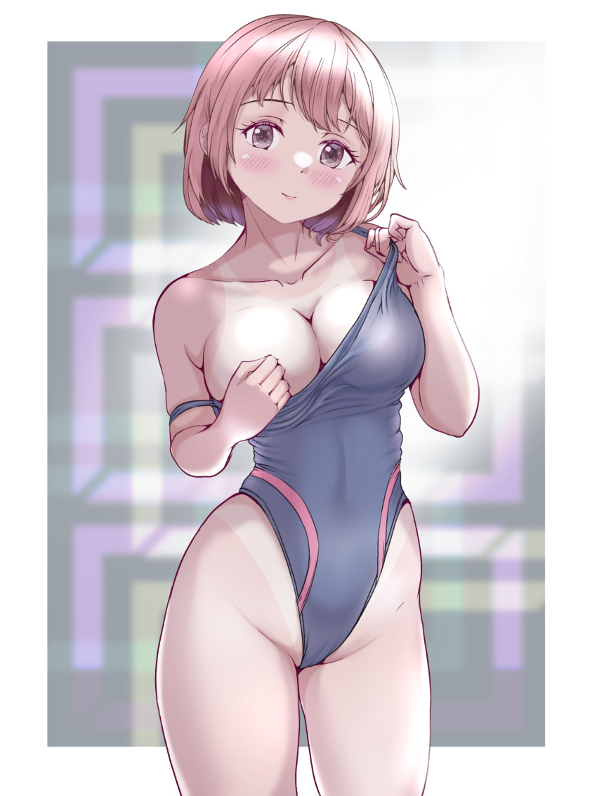 1girl black_swimsuit blurry breasts brown_eyes clothes_pull competition_school_swimsuit competition_swimsuit depth_of_field groin highleg highleg_swimsuit highres large_breasts mashinatsu one-piece_swimsuit original pink_hair short_hair solo strap_slip swimsuit swimsuit_pull tan tanlines