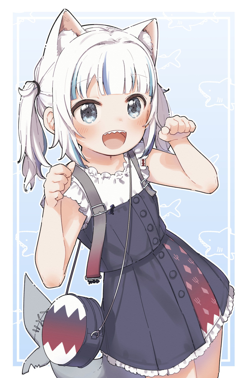 1girl :d absurdres animal_ear_fluff animal_ears bag bangs bare_arms black_dress blue_background blue_eyes blue_hair blush cat_ears commentary_request dress eyebrows_visible_through_hair fish_tail frilled_dress frills gawr_gura hands_up highres hololive hololive_english looking_at_viewer multicolored_hair open_mouth paw_pose shark_tail sharp_teeth shirt shoulder_bag side_ponytail sleeveless sleeveless_dress smile solo streaked_hair tail teeth virtual_youtuber white_hair white_shirt yukie_(kusaka_shi)