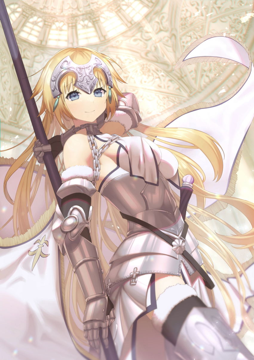 1girl armor armored_dress bangs bare_shoulders blonde_hair breasts chain dress fate/grand_order fate_(series) flag highres holding holding_flag jeanne_d'arc_(fate) jeanne_d'arc_(fate)_(all) kagayaku_(mottokrkr) long_hair looking_at_viewer smile solo thigh-highs very_long_hair weapon white_dress yellow_eyes