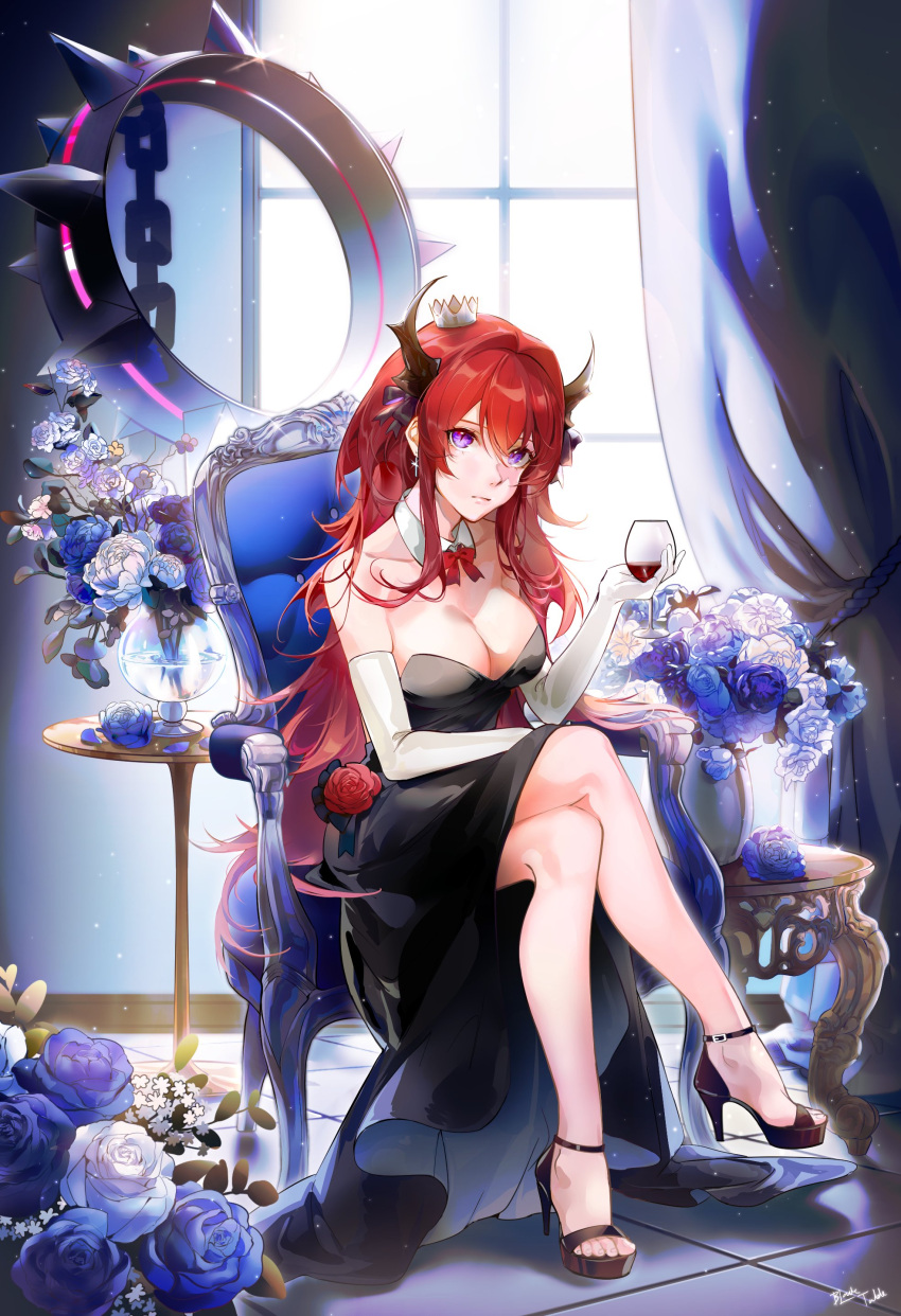 1girl absurdres alternate_costume arknights bare_shoulders black_dress black_table breasts cup demon_girl demon_horns detached_collar dress drinking_glass elbow_gloves gloves high_heels highres horns long_hair redhead sitting solo surtr_(arknights) violet_eyes wine_glass