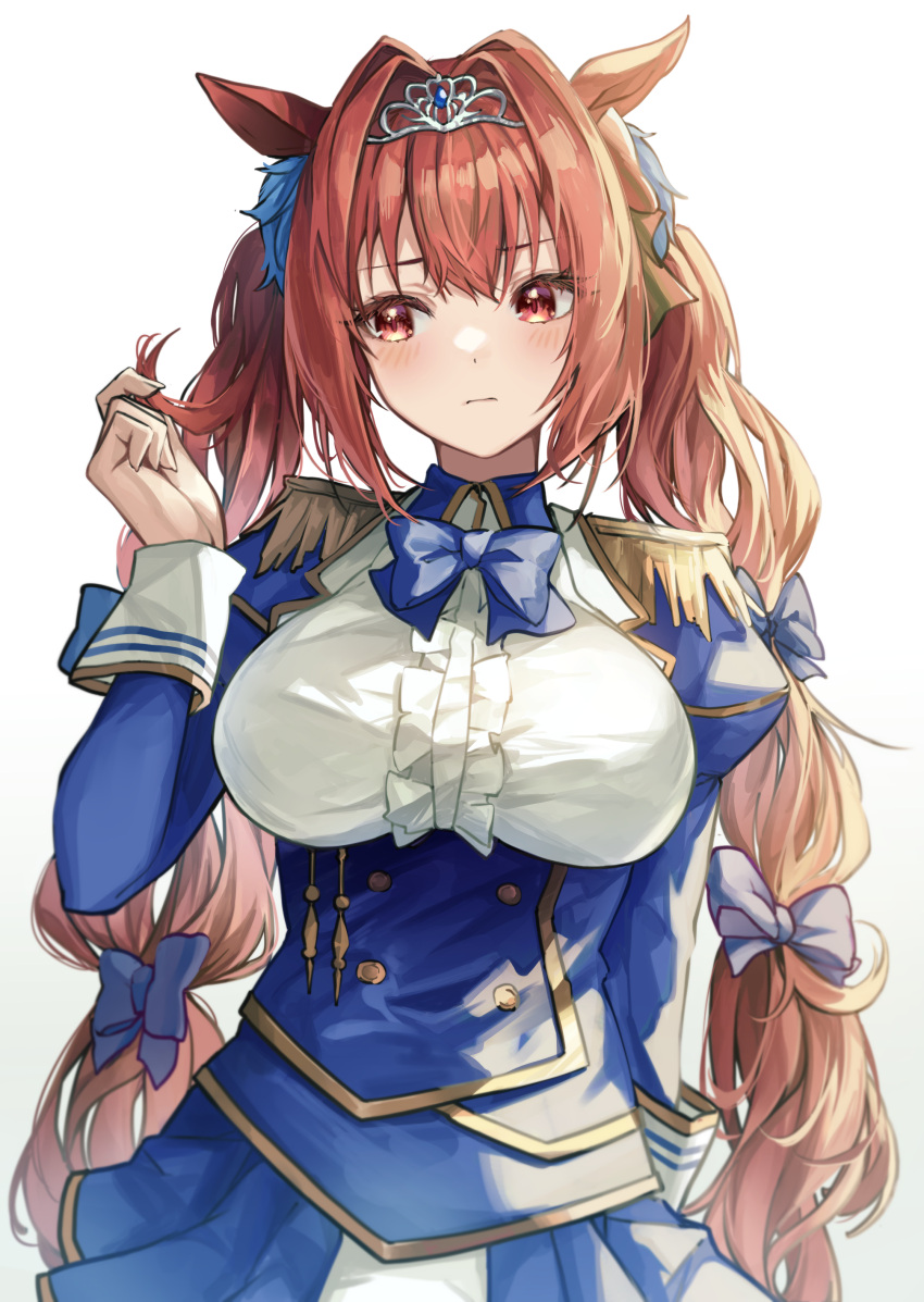 1girl absurdres animal_ears bangs blue_bow blue_skirt blush bow bowtie breasts center_frills closed_mouth cowboy_shot daiwa_scarlet_(umamusume) epaulettes eyebrows_visible_through_hair frills hair_bow highres horse_ears juliet_sleeves large_breasts long_hair long_sleeves looking_away looking_to_the_side miniskirt playing_with_own_hair pleated_skirt puffy_sleeves purple_bow red_eyes shino_sto shirt skirt solo tiara twintails umamusume underbust very_long_hair white_shirt