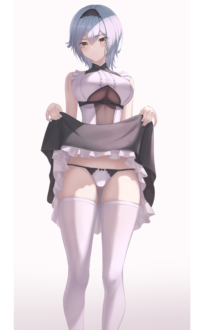 1girl ass_visible_through_thighs bare_shoulders black_skirt blue_hair bodystocking breasts center_opening closed_mouth eula_(genshin_impact) frilled_skirt frills frown genshin_impact hairband highres large_breasts lifted_by_self lingerie looking_at_viewer marinesnow orange_eyes panties shirt short_hair skindentation skirt sleeveless sleeveless_shirt solo standing string_panties thigh-highs under_boob underwear white_legwear white_panties white_shirt