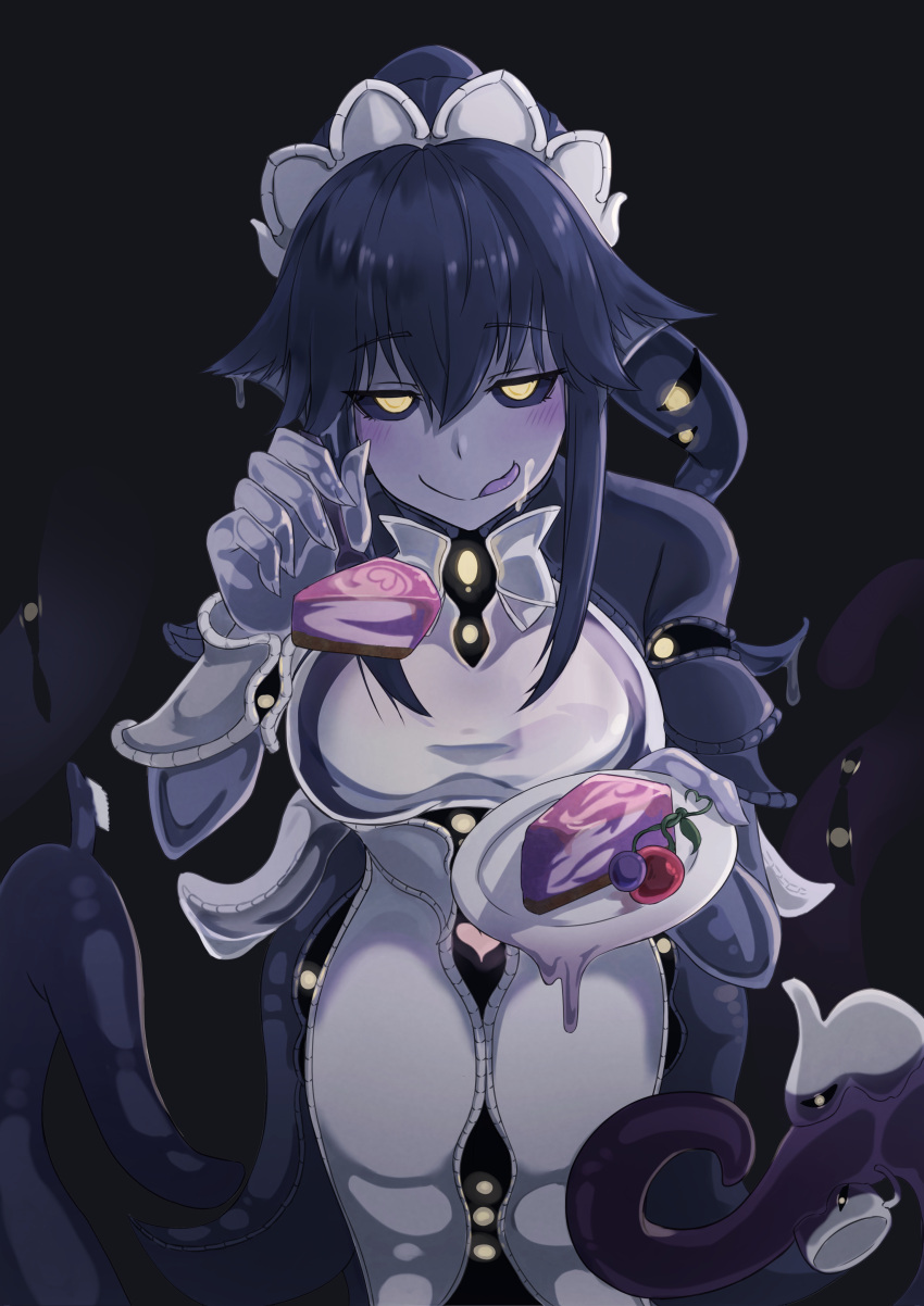 1girl absurdres bell_orgel black_sclera black_slime blue_skin breasts cake cake_slice colored_sclera colored_skin colored_tongue eldritch_abomination extra_eyes extra_mouth extra_tongue food fork fruit highres holding holding_fork holding_plate looking_at_viewer monster_girl monster_girl_encyclopedia pastry plate purple_slime purple_tongue shoggoth_(monster_girl_encyclopedia) slime_(substance) slime_girl solo tentacles