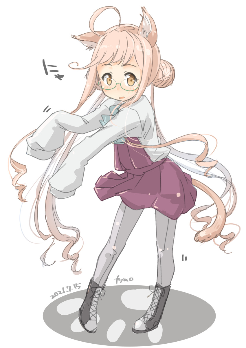1girl absurdres animal_ears artist_name boots cat_ears cat_tail cross-laced_footwear dated double_bun full_body fyuo glasses grey_legwear halterneck highres kantai_collection lace-up_boots long_sleeves makigumo_(kancolle) one-hour_drawing_challenge pantyhose pink_hair shirt simple_background sleeves_past_fingers sleeves_past_wrists solo tail twintails white_background white_shirt yellow_eyes