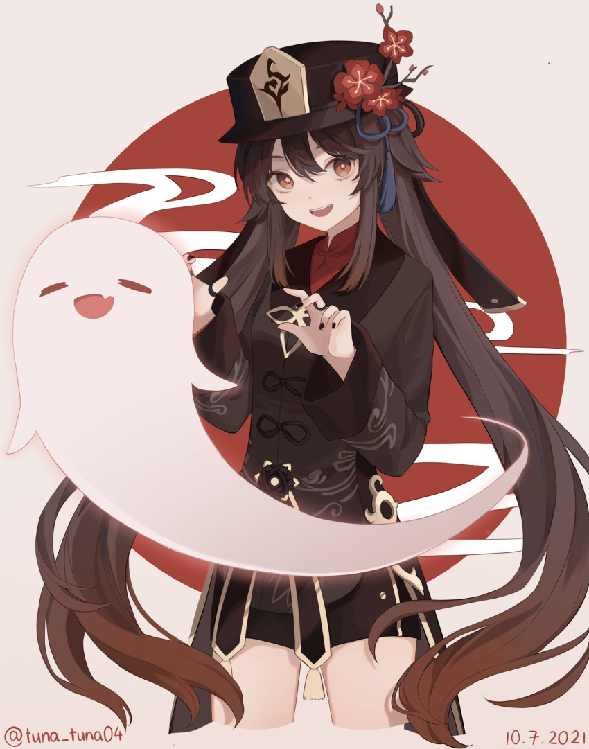 black_headwear black_nails black_shorts brown_hair chinese_clothes coat coattails collared_coat collared_shirt flower genshin_impact ghost hat hat_flower highres hu_tao_(genshin_impact) jewelry multiple_rings plum_blossoms porkpie_hat red_eyes red_flower red_shirt ring shirt shorts tailcoat talisman thumb_ring tuna_tuna04 twintails
