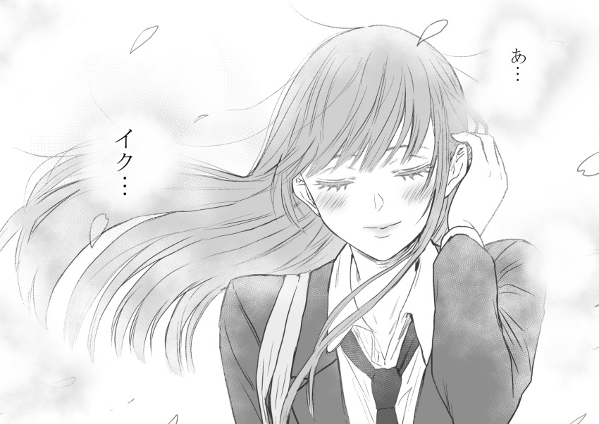 1girl bag bangs blush closed_mouth greyscale monochrome necktie original petals school_bag school_uniform smile solo translated yanagida_fumita