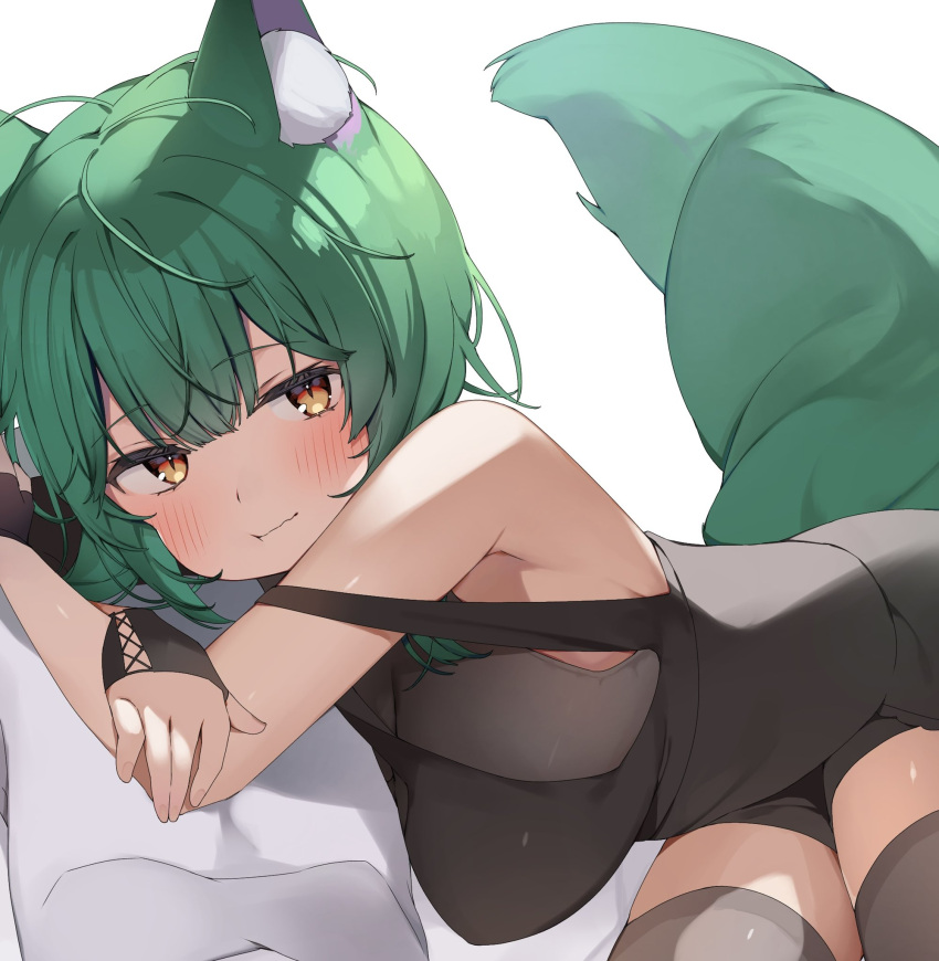 1girl :t animal_ear_fluff animal_ears bangs bare_arms black_dress black_gloves black_legwear black_shorts blush breasts closed_mouth commentary_request commission cowboy_shot dress eyebrows_visible_through_hair fingerless_gloves gloves green_hair highres large_breasts long_hair looking_at_viewer lying on_side original pillow red_eyes short_shorts shorts simple_background sinnop10 skeb_commission sleeveless sleeveless_dress slit_pupils solo tail thigh-highs white_background