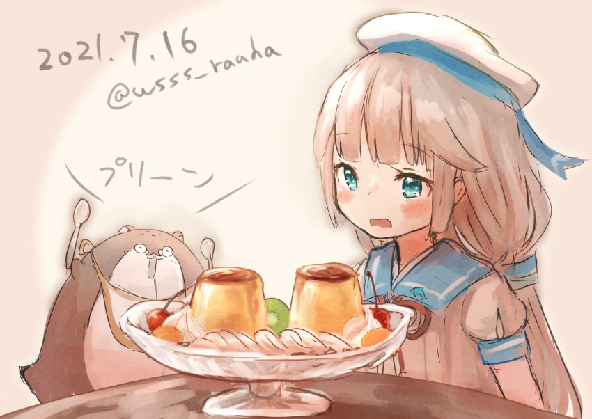 1girl blue_sailor_collar bokukawauso commentary_request food green_eyes grey_hair hat highres kantai_collection long_hair low_twintails mikura_(kancolle) one-hour_drawing_challenge otter pudding puffy_short_sleeves puffy_sleeves sailor_collar sailor_hat sailor_shirt shirt short_sleeves spoon twintails twitter_username upper_body white_headwear white_shirt wss_(nicoseiga19993411)