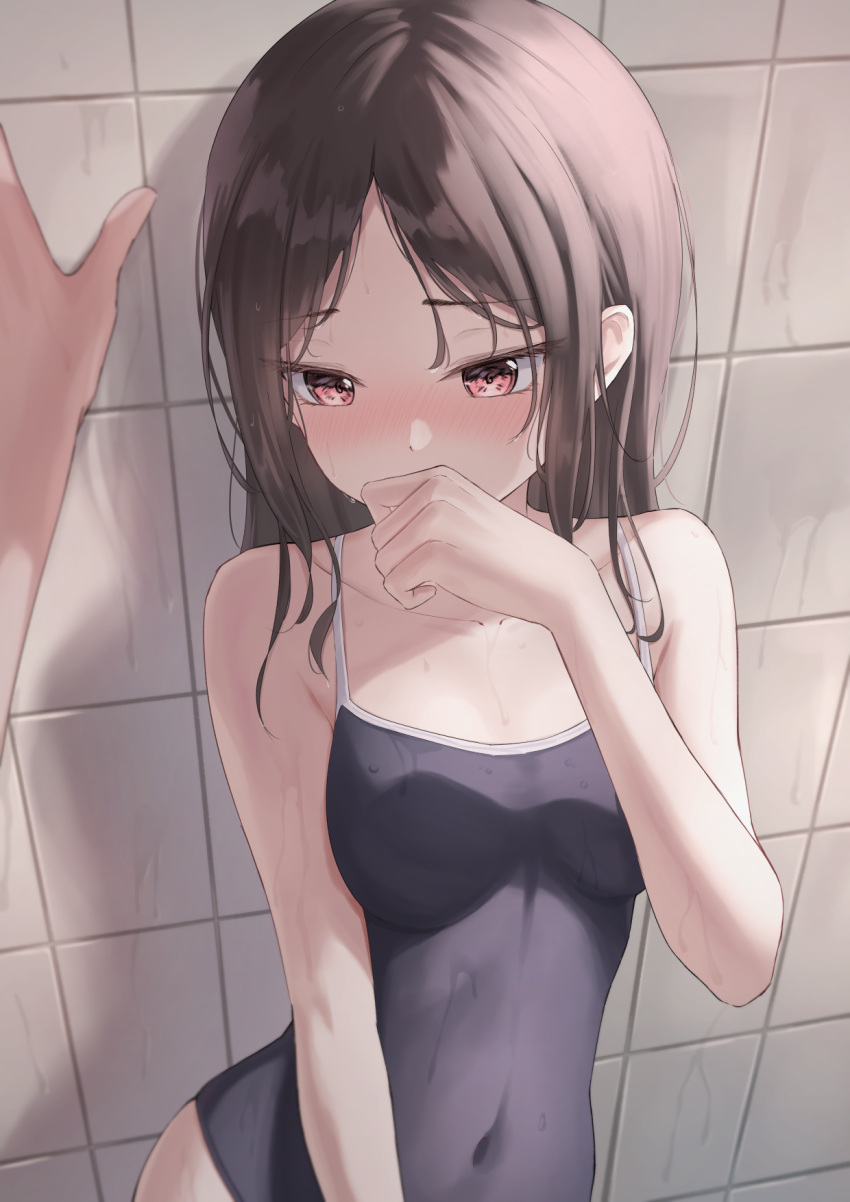 1girl bangs bare_arms bare_shoulders black_hair black_swimsuit blush breasts collarbone covered_navel covering_mouth cowboy_shot eyebrows_visible_through_hair flustered hair_down hand_up highres kaguya-sama_wa_kokurasetai_~tensai-tachi_no_renai_zunousen~ long_hair looking_away looking_down marinesnow one-piece_swimsuit parted_bangs shinomiya_kaguya small_breasts solo_focus spaghetti_strap standing swimsuit tile_wall tiles wall_slam wet