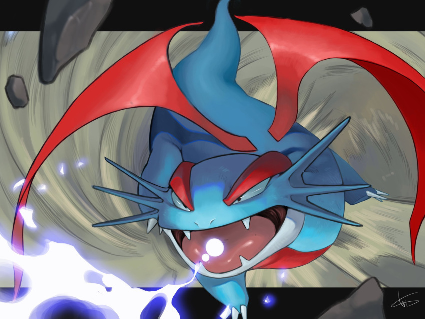 animal_focus artist_name black_eyes claws commentary_request dragon fangs full_body gen_3_pokemon glowing highres hyper_beam_(pokemon) letterboxed no_humans open_mouth outside_border pokemon pokemon_(creature) pokemon_move rio_(user_nvgr5434) rock salamence signature solo tongue wings