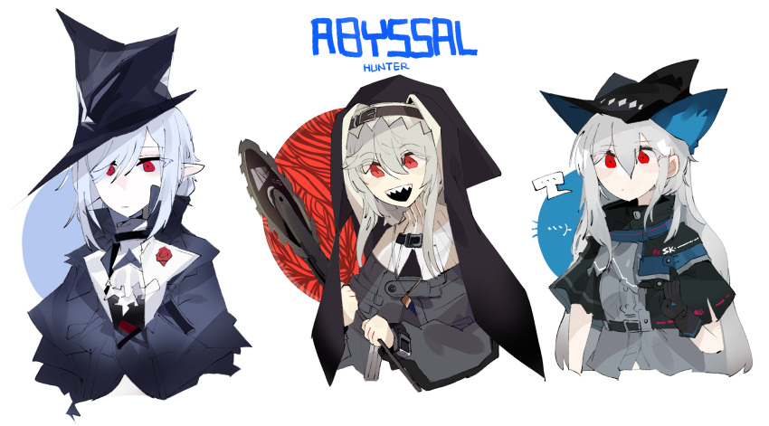 ... 3girls :d arknights ascot black_cape black_coat black_dress black_gloves black_headwear cape circular_saw coat cropped_torso dress eyebrows_visible_through_hair gladiia_(arknights) gloves habit highres holding holding_weapon jewelry multiple_girls nun odmised open_mouth pointy_ears red_eyes sharp_teeth simple_background skadi_(arknights) smile specter_(arknights) spoken_ellipsis teeth upper_body upper_teeth v weapon white_background white_neckwear