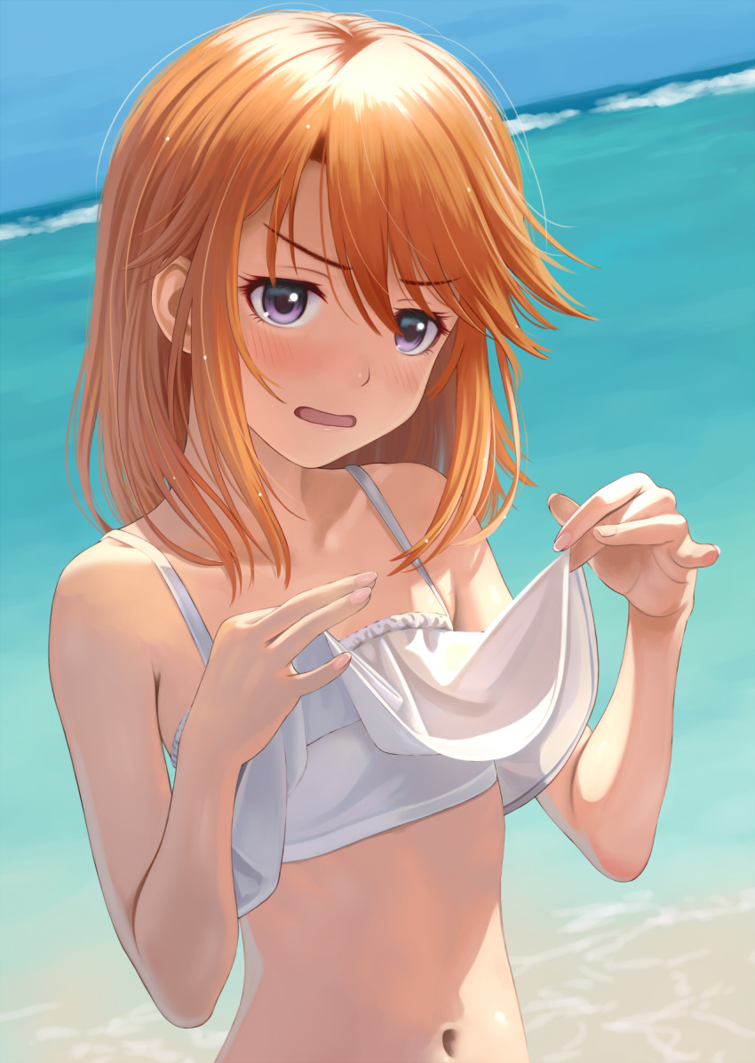 1girl bangs bare_arms bare_shoulders blush camisole_lift commentary_request day eyebrows_visible_through_hair highres idolmaster idolmaster_cinderella_girls long_hair navel nekopuchi ocean open_mouth orange_hair outdoors sleeveless solo stomach upper_body v-shaped_eyebrows violet_eyes water yuuki_haru