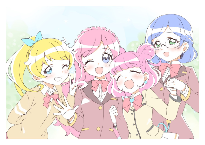 4girls :3 ;d ^_^ ^o^ aoba_rinka blonde_hair blue_eyes blue_hair blue_sky blurry blurry_background blush border bow bowtie braid brown_jacket cardigan closed_eyes collared_shirt commentary crown_braid double_bun earrings eyebrows_visible_through_hair facing_viewer french_braid green_eyes grin happy heart heart_bow heart_tail high_ponytail highres holding_hands jacket jewelry kiracchu_(pri_chan) kirarigaoka_middle_school_uniform kiratto_pri_chan long_hair long_sleeves looking_at_viewer medium_hair miniskirt moegi_emo momoyama_mirai mouse_tail multiple_girls older one_eye_closed open_mouth outdoors photo_(object) pink_bow pink_hair pink_neckwear pleated_skirt ponytail pose pretty_(series) rn10r school_uniform shiny shiny_hair shiny_skin shirt skirt sky smile star_(symbol) star_earrings striped_cardigan tail tree upper_body v violet_eyes waving white_border white_shirt white_skirt white_stripes yellow_cardigan yellow_jacket yellow_stripes