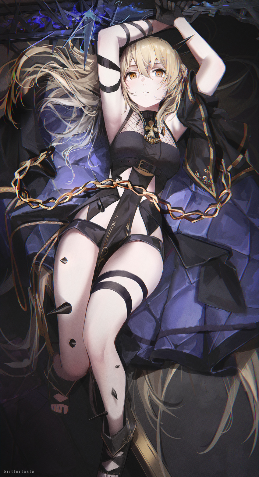 1girl alchemy_stars areia_(alchemy_stars) armpits arms_up artist_name bangs biittertaste black_dress black_footwear black_gloves blonde_hair breasts chain commentary dress gloves gold_chain hair_between_eyes highres holding holding_sword holding_weapon knees_together_feet_apart long_hair lying on_back on_bed parted_lips solo strapless strapless_dress sword toeless_footwear toes weapon yellow_eyes
