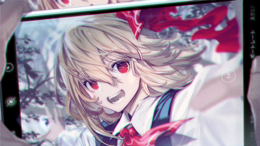 1girl 1other black_vest blonde_hair cellphone cellphone_picture commentary_request hair_ribbon long_sleeves looking_at_viewer open_mouth outstretched_arms phone red_eyes red_neckwear red_ribbon ribbon rumia sharp_teeth shirt smartphone smile spread_arms taking_picture teeth touhou upper_body vest white_shirt zounose