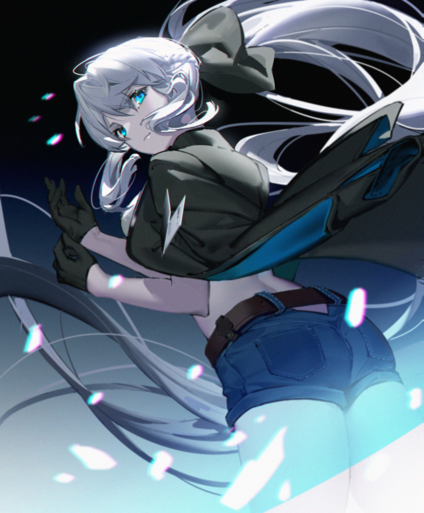 1girl ass bangs black_bow blue_eyes bow braid breasts contemporary fate/grand_order fate_(series) feixiang_de_huojiren french_braid grey_hair hair_bow highres large_breasts long_hair looking_at_viewer looking_back morgan_le_fay_(fate) ponytail sidelocks solo thighs very_long_hair