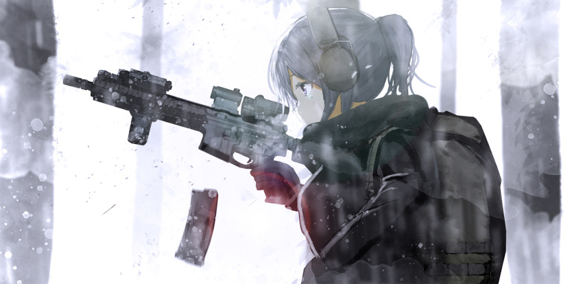 1girl assault_rifle backpack bag bangs black_jacket closed_mouth forest grey_eyes grey_hair gun hair_between_eyes headset holding holding_gun holding_weapon jacket long_sleeves looking_to_the_side m4_carbine magazine_(weapon) military nature original ponytail reloading rifle scarf snow snowing solo weapon ylmi