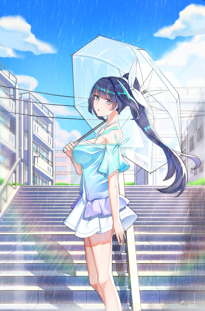 1girl :o absurdres black_eyes black_hair blue_dress blue_sky breasts building building_block casual city clouds cloudy_sky dress highres holding holding_umbrella honkai_(series) honkai_impact_3rd long_hair looking_at_viewer open_mouth outdoors ponytail raiden_mei raiden_mei_(lightning_empress) rain rainbow sideboob skirt sky solo stairs standing summer_uniform sundress sye- umbrella water_drop white_skirt