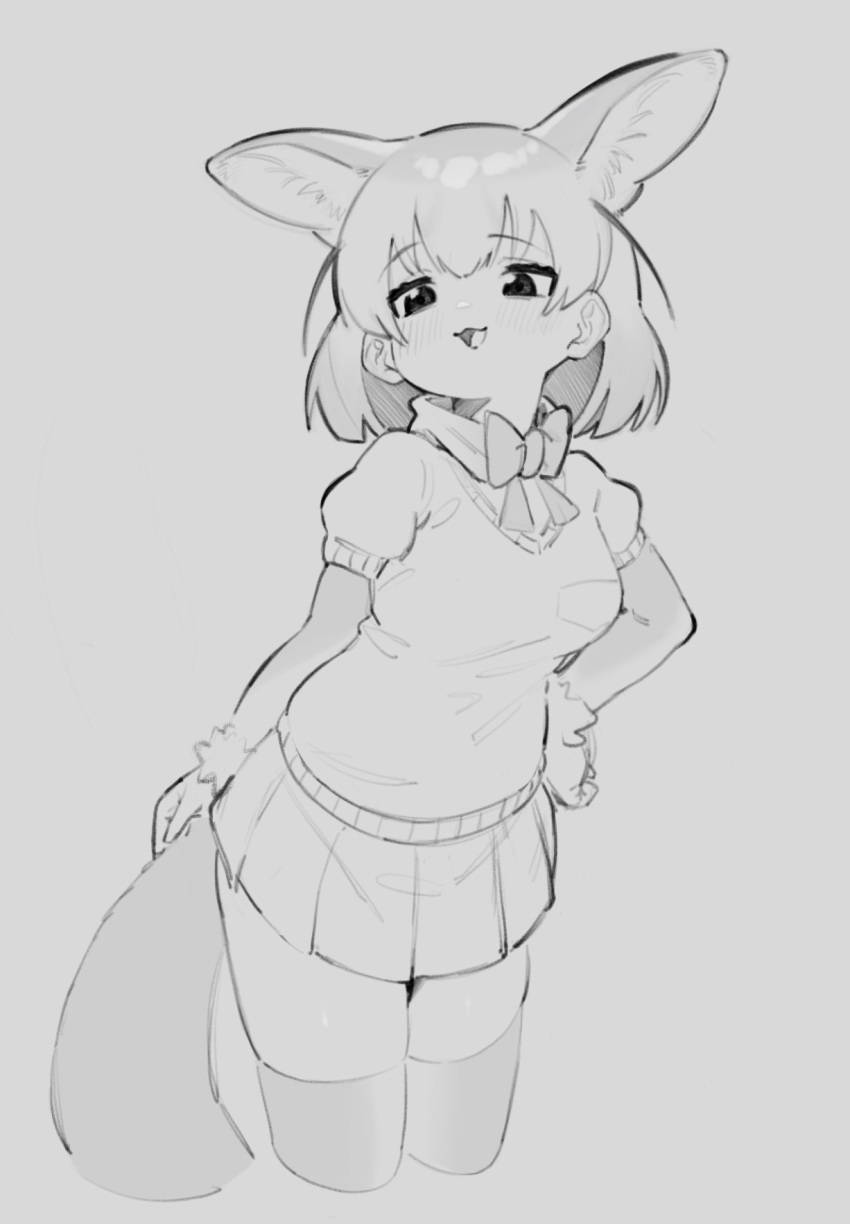 1girl :3 :d animal_ear_fluff animal_ears bow bowtie cropped_legs extra_ears eyebrows_visible_through_hair fennec_(kemono_friends) fox_ears fox_girl fox_tail grey_background greyscale hand_on_hip highres kemono_friends kona_ming monochrome open_mouth pleated_skirt puffy_short_sleeves puffy_sleeves short_hair short_sleeves simple_background skirt smile solo tail thigh-highs zettai_ryouiki
