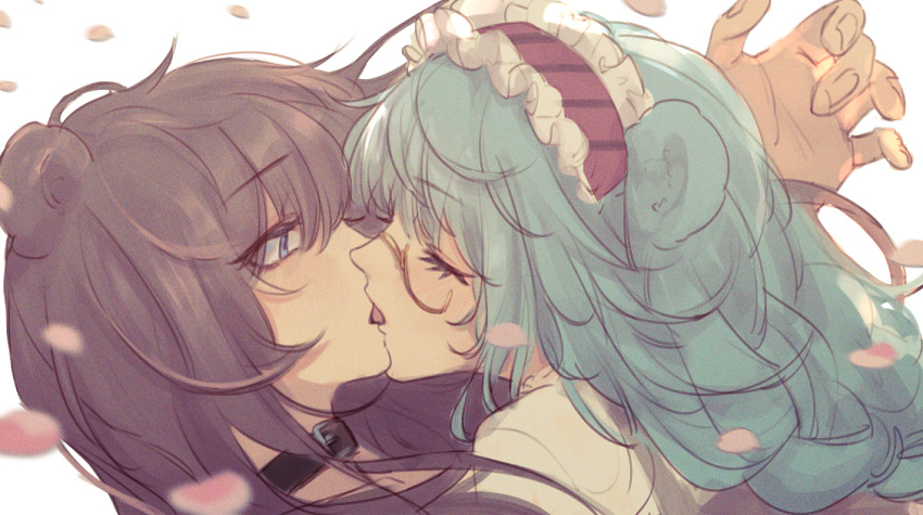 2girls animal_ears arknights bangs bear_ears blue_eyes blue_hair brown_hair closed_eyes collar eyebrows_visible_through_hair falling_petals french_kiss from_side headdress istina_(arknights) istina_(bibliosmia)_(arknights) kiss long_hair looking_at_another monocle multiple_girls official_alternate_costume petals simple_background tongue upper_body white_background ya_kexi zima_(arknights)