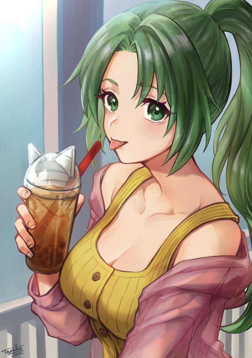 1girl absurdres bubble_tea collarbone dress_shirt drinking_straw green_eyes green_hair hair_intakes high_ponytail highres higurashi_no_naku_koro_ni holding jacket long_hair long_sleeves off-shoulder_jacket off_shoulder open_clothes open_jacket pink_jacket shiny shiny_hair shirt signature sleeveless sleeveless_shirt solo sonozaki_mion tarako_jun tongue tongue_out upper_body very_long_hair yellow_shirt