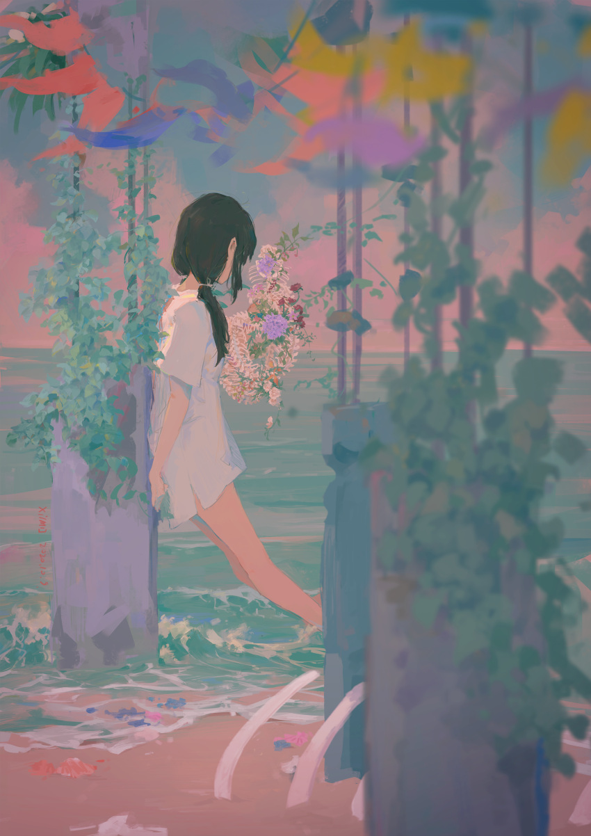 1girl absurdres beach bone brown_hair commentary_request dress facing_away from_side full_body highres horizon leaning_back long_hair ocean original pillar plant ruins short_sleeves solo string_of_flags twintails vines wading white_dress xilmo
