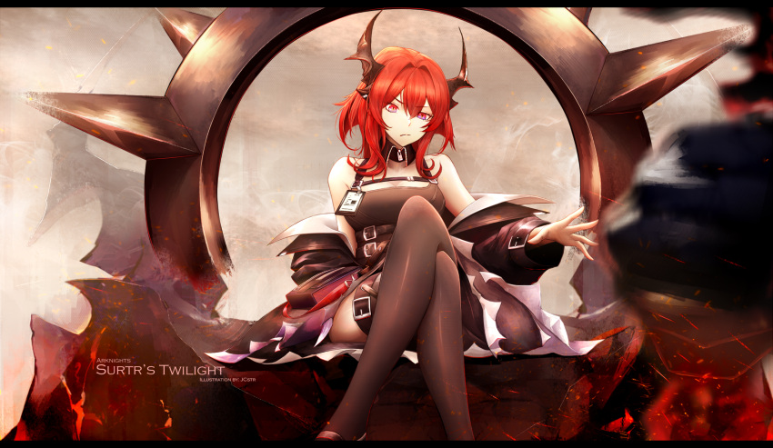 1girl arknights black_dress collar crossed_legs demon_girl demon_horns dress highres holding holding_weapon horns jcstr long_hair looking_down off_shoulder redhead sitting spiked_collar spikes surtr_(arknights) sword thigh-highs violet_eyes weapon