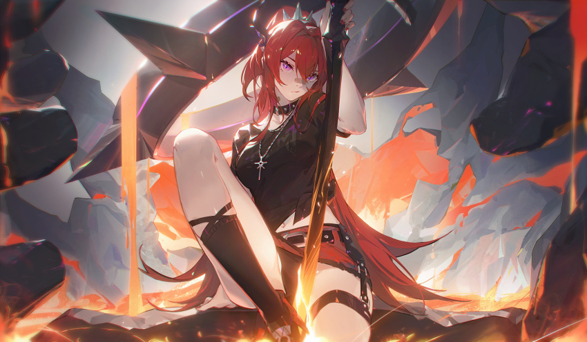 1girl alternate_costume arknights bandaid bangs black_shirt choker demon_girl demon_horns highres horns long_hair official_alternate_costume panties shirt solo surtr_(arknights) surtr_(liberte_echec)_(arknights) sword underwear violet_eyes weapon zhiyan_li