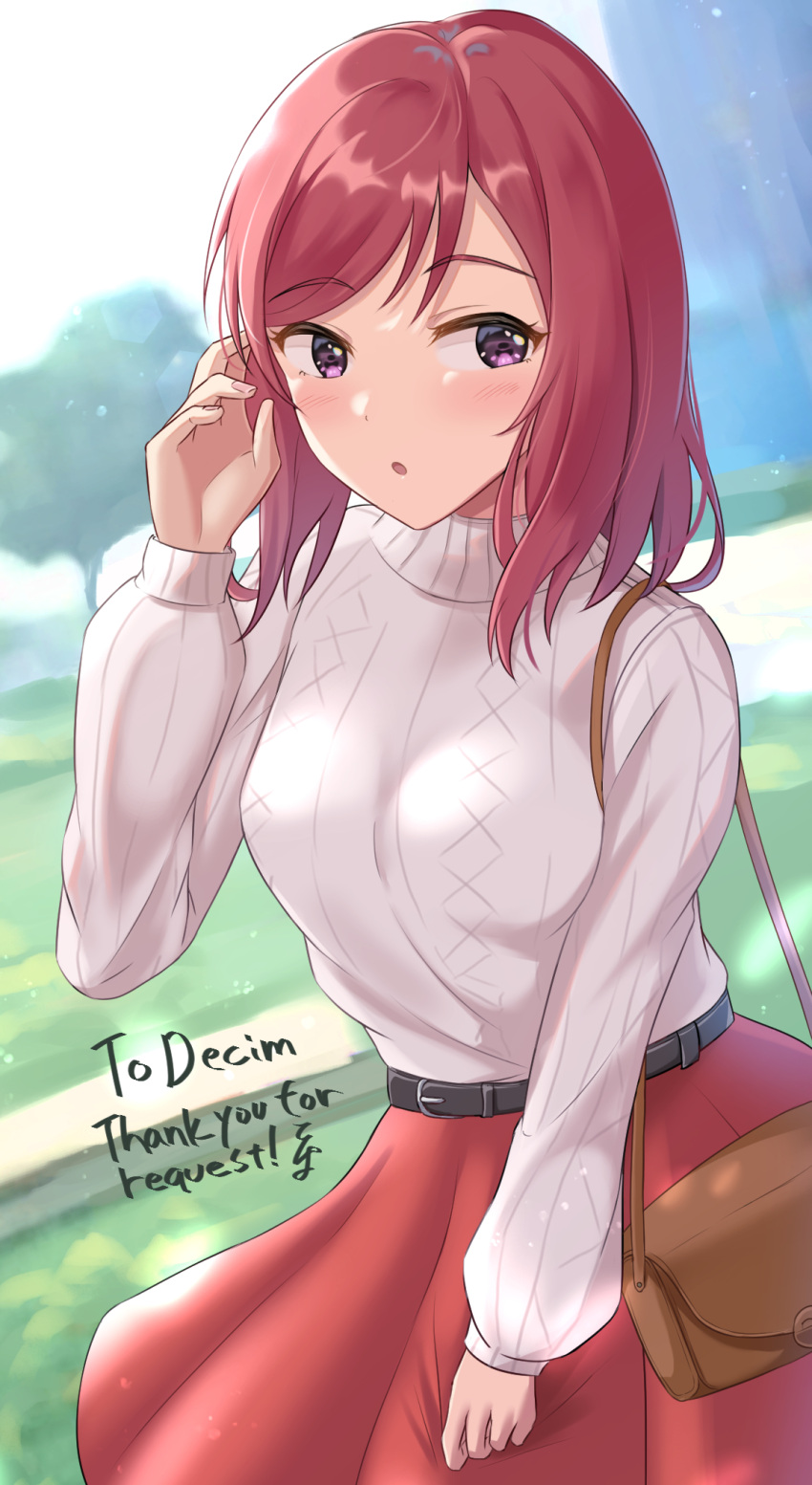 1girl adjusting_hair bag bangs belt belt_buckle black_belt blurry blurry_background blush buckle commission day eyebrows_visible_through_hair handbag highres long_hair long_sleeves looking_at_viewer looking_to_the_side love_live! love_live!_school_idol_project medium_skirt nishikino_maki open_mouth outdoors pleated_skirt red_skirt redhead ribbed_sweater shiny shiny_hair skeb_commission skirt solo standing sweater swept_bangs tenpa_(tenpa2190) violet_eyes white_sweater