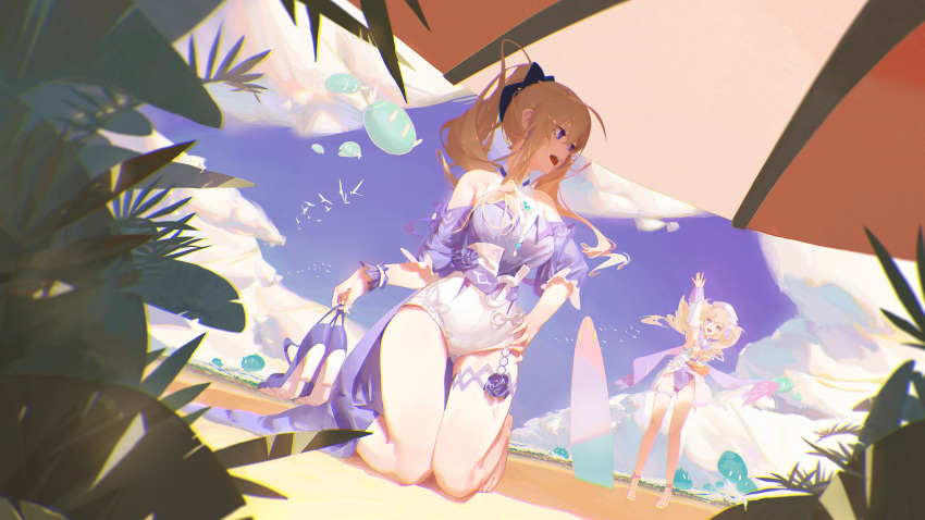 2girls absurdres arm_up bangs barbara_(genshin_impact) barbara_(summertime_sparkle)_(genshin_impact) bare_legs bare_shoulders barefoot beach beach_umbrella blonde_hair blue_eyes blue_shirt blue_sky blue_swimsuit chinese_commentary clouds commentary_request day detached_sleeves drill_hair genshin_impact hand_on_hip hat high-waist_shorts high_heels highres jean_(genshin_impact) jean_(sea_breeze_dandelion)_(genshin_impact) kneeling long_hair long_sleeves looking_at_another ming_chen multiple_girls official_alternate_costume open_mouth outdoors plant ponytail purple_footwear revision sailor_hat shirt shoes_removed short_shorts short_sleeves shorts sidelocks sky slime_(genshin_impact) surfboard swimsuit thigh_strap twin_drills twintails umbrella waving white_footwear white_headwear white_shorts wrist_cuffs