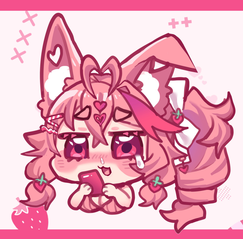 1girl absurdres ahoge animal_ear_fluff animal_ears blush chibi crying food-themed_hair_ornament fox_ears fox_girl hair_ornament hairclip highres indie_virtual_youtuber kireina_(osiimi) open_mouth osiimi pink_eyes pink_hair strawberry_hair_ornament