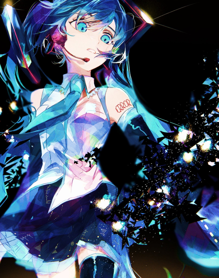 1girl armpit_crease bare_shoulders black_background black_legwear black_skirt blue_eyes blue_neckwear blue_theme breasts collared_shirt colorful dark_background darkness detached_sleeves dissolving english_text expressionless eyelashes facing_away floating_hair glint glowing hatsune_miku headset highres karanagare_4 light_particles long_hair looking_afar necktie parted_lips pleated_skirt shirt shoulder_tattoo simple_background skirt sleeveless sleeveless_shirt small_breasts solo tareme tattoo thigh-highs twintails vocaloid white_shirt zettai_ryouiki