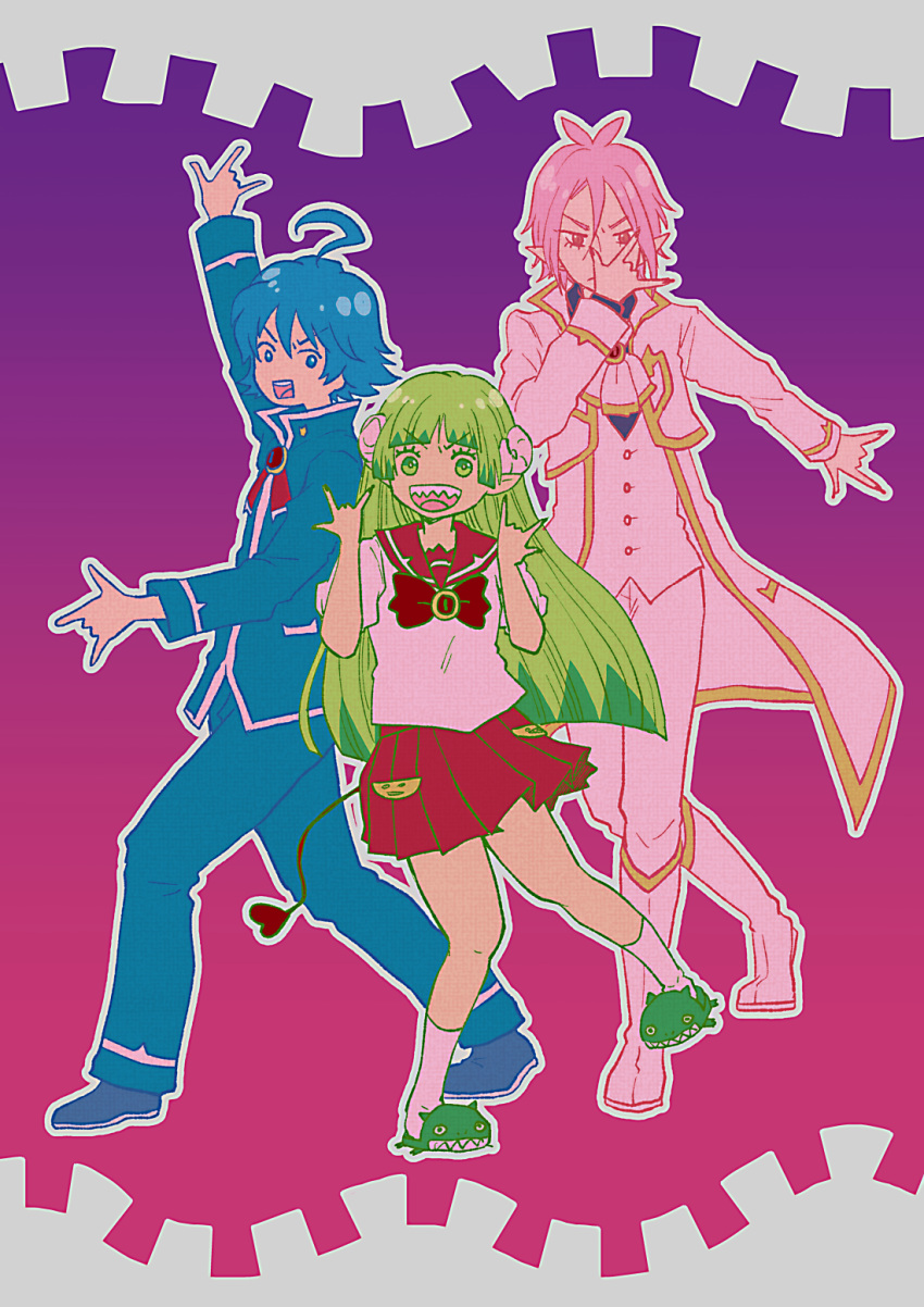 1girl 2boys :d :o ahoge ascot asmodeus_alice blue_eyes blue_hair blue_pants bow bowtie brooch curled_horns demon_tail gold_trim gradient gradient_background green_eyes green_footwear green_hair hachicoro93 hand_up hands_up highres horns jewelry long_hair long_sleeves looking_at_viewer mairimashita!_iruma-kun multiple_boys open_mouth pants pink_hair pose red_bow red_eyes school_uniform sharp_teeth shoes short_hair simple_background slippers smile standing standing_on_one_leg suzuki_iruma tail teeth valac_clara white_footwear