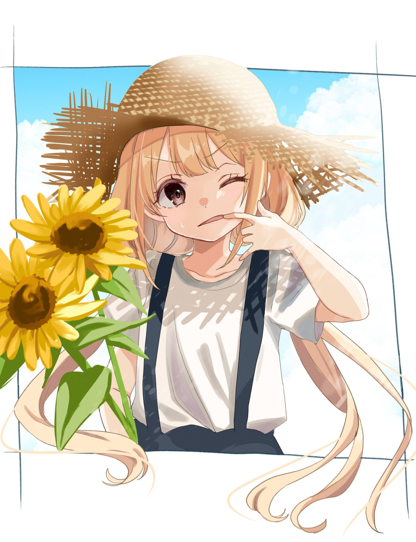1girl bangs blonde_hair blue_skirt blue_sky border brown_hair brown_headwear clouds commentary dot_nose eyebrows_visible_through_hair eyelashes finger_in_mouth flower futaba_anzu hat highres holding holding_flower idolmaster idolmaster_cinderella_girls idolmaster_cinderella_girls_starlight_stage mouth_pull one_eye_closed outdoors rino_cnc shirt short_sleeves sidelocks skirt sky solo straw_hat sunflower suspender_skirt suspenders twintails upper_body white_shirt