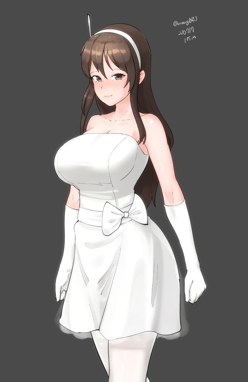 1girl alternate_costume ashigara_(kancolle) bare_shoulders brown_eyes brown_hair dated dress elbow_gloves gloves grey_background hairband highres kantai_collection long_hair looking_at_viewer maru_(marg0613) one-hour_drawing_challenge pantyhose simple_background solo strapless strapless_dress twitter_username white_dress white_gloves white_hairband white_legwear