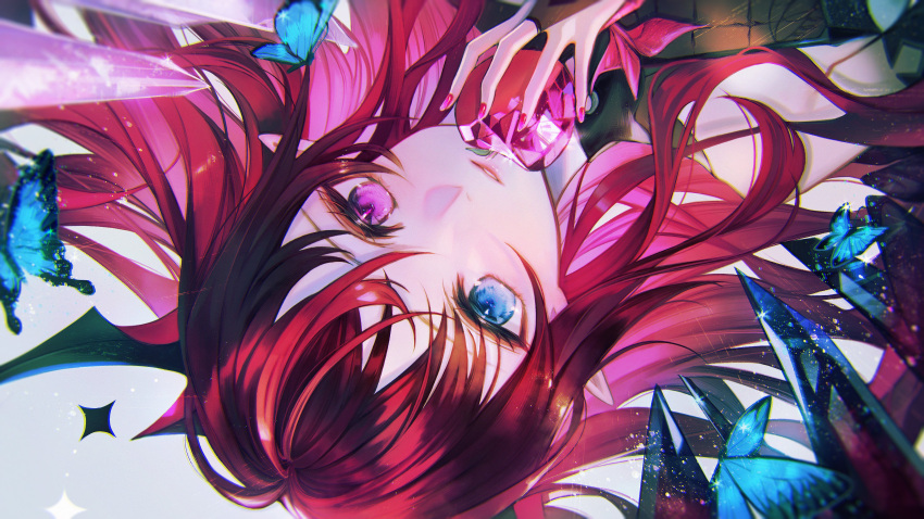 1girl absurdres apple bangs blue_butterfly blue_eyes bug butterfly crystal food fruit fuyuumikou halo heterochromia highres holding holding_food holding_fruit hololive hololive_english horns insect irys_(hololive) long_hair lying official_art on_back parted_lips pink_eyes pointy_ears redhead solo upper_body upside-down