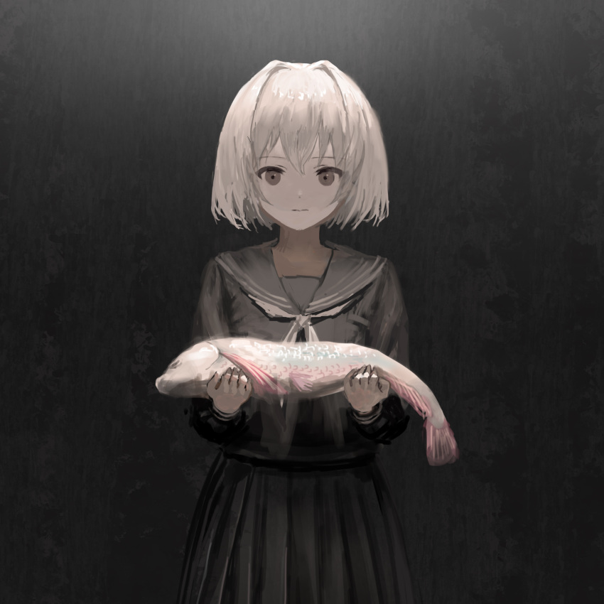 1girl absurdres animal bangs black_background black_eyes black_sailor_collar black_shirt black_skirt fish grey_hair grey_neckwear highres holding holding_animal holding_fish kouka_(mrakano5456) long_sleeves looking_at_viewer neckerchief original pleated_skirt sailor_collar shirt short_hair skirt solo upper_body