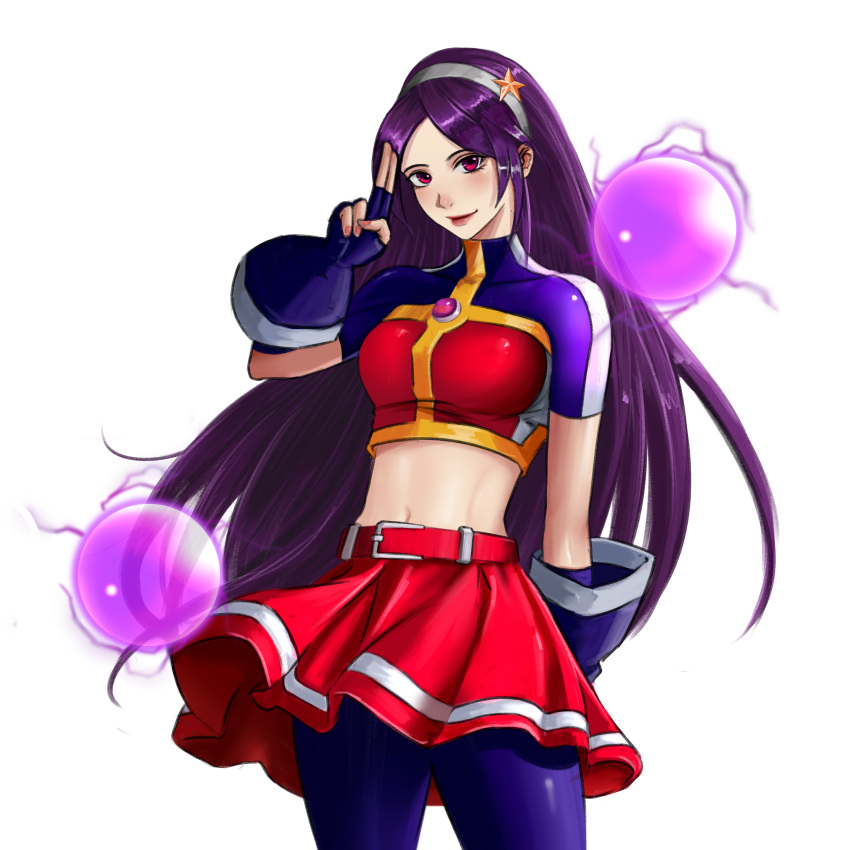 1girl absurdres asamiya_athena belt blue_gloves blue_shorts booger_wang breasts cowboy_shot crop_top derivative_work gloves hairband highres long_hair looking_at_viewer medium_breasts midriff navel purple_hair red_belt red_eyes red_skirt short_sleeves shorts simple_background skirt smile solo standing the_king_of_fighters white_background