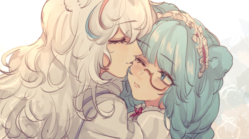 2girls animal_ears arknights bangs bear_ears blue_eyes blue_hair blush closed_mouth eyebrows_visible_through_hair feathers from_side headdress istina_(arknights) istina_(bibliosmia)_(arknights) kiss kissing_cheek long_hair monocle multicolored_hair multiple_girls official_alternate_costume one_eye_closed pentagon_(shape) red_neckwear redhead rosa_(arknights) streaked_hair upper_body white_hair ya_kexi yuri