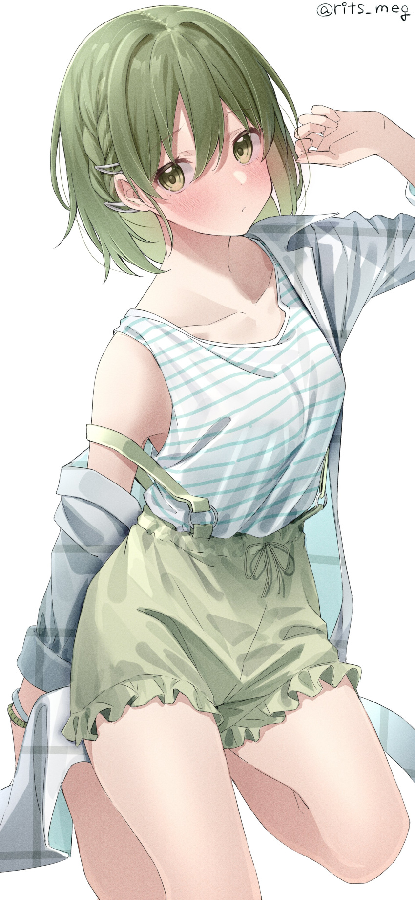 1girl absurdres bangs blush bracelet braid collarbone commentary_request eyebrows_visible_through_hair green_eyes green_hair hair_ornament hairclip highres idolmaster idolmaster_shiny_colors jacket jewelry kneeling nanakusa_nichika off_shoulder rits_(apud8788) shirt shirt_tucked_in short_hair shorts single_braid solo striped striped_shirt suspender_shorts suspenders twitter_username unmoving_pattern white_background