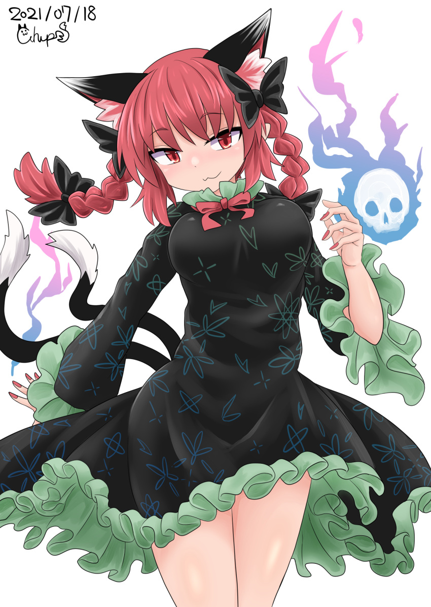 1girl :3 animal_ear_fluff animal_ears artist_name black_bow black_dress bow bowtie braid cat_ears cat_tail chups closed_mouth cowboy_shot dated dress extra_ears eyebrows_visible_through_hair hair_bow hair_ribbon hand_up highres hitodama kaenbyou_rin light_blush long_hair long_sleeves looking_at_viewer multiple_tails nail_polish nekomata petticoat pointy_ears red_bow red_eyes red_nails red_neckwear redhead ribbon signature simple_background skull solo tail touhou tress_ribbon twin_braids twintails two_tails white_background