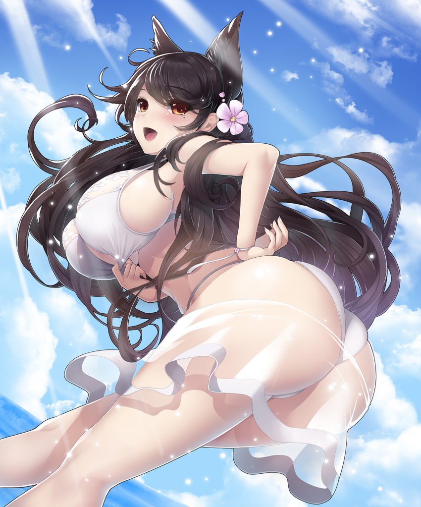 1girl animal_ears ass atago_(azur_lane) atago_(midsummer_march)_(azur_lane) azur_lane bent_over bikini bikini_pull black_hair bracelet breasts clothes_pull flower hair_flower hair_ornament hand_on_hip happy highres jewelry koflif large_breasts looking_at_viewer looking_to_the_side navel open_mouth see-through see-through_skirt sideboob skin_tight skindentation skirt smile solo swimsuit tongue water white_bikini