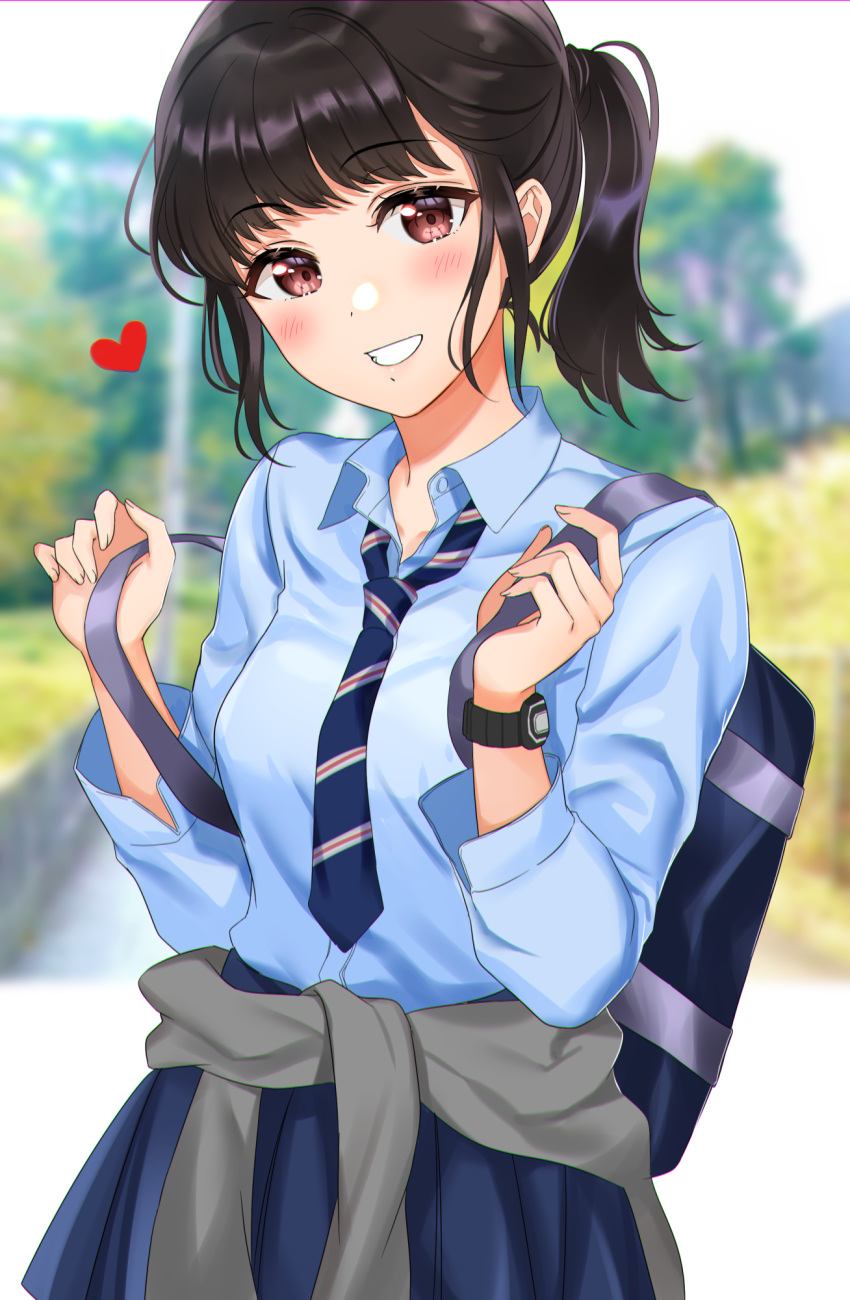 1girl bag bangs black_hair blue_neckwear blue_shirt blue_skirt blurry blurry_background blush brown_eyes clothes_around_waist collared_shirt head_tilt heart highres long_hair long_sleeves looking_at_viewer necktie niwata0 open_mouth original pleated_skirt ponytail school_bag school_uniform shirt skirt smile solo sweater sweater_around_waist uniform