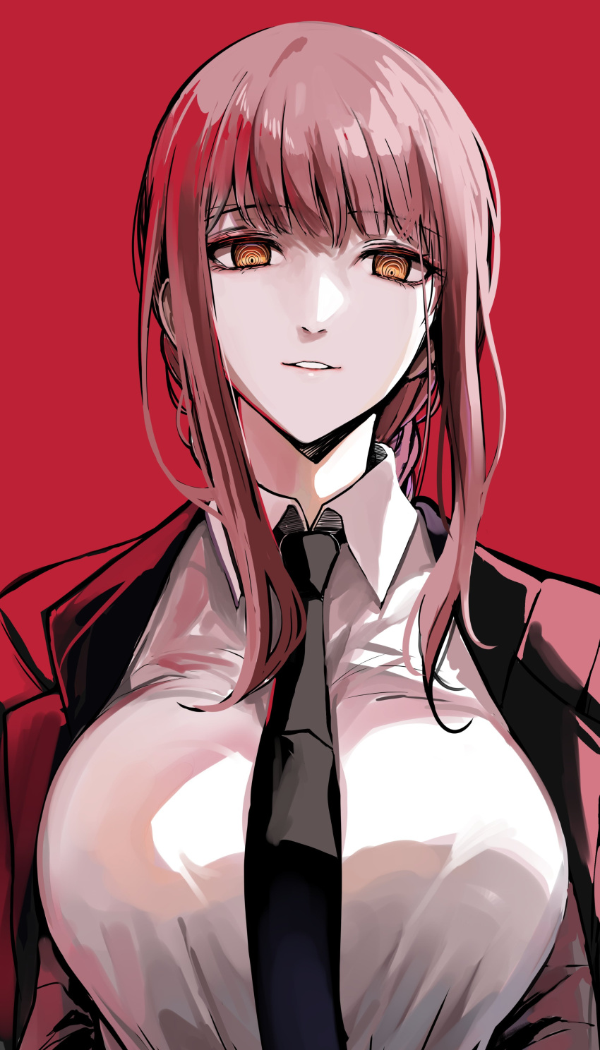 1girl absurdres black_neckwear braid braided_ponytail breasts business_suit chainsaw_man collared_shirt eyebrows_visible_through_hair formal highres large_breasts long_coat looking_at_viewer makima_(chainsaw_man) necktie office_lady red_background redhead ringed_eyes sak_(lemondisk) shirt standing suit upper_body yellow_eyes