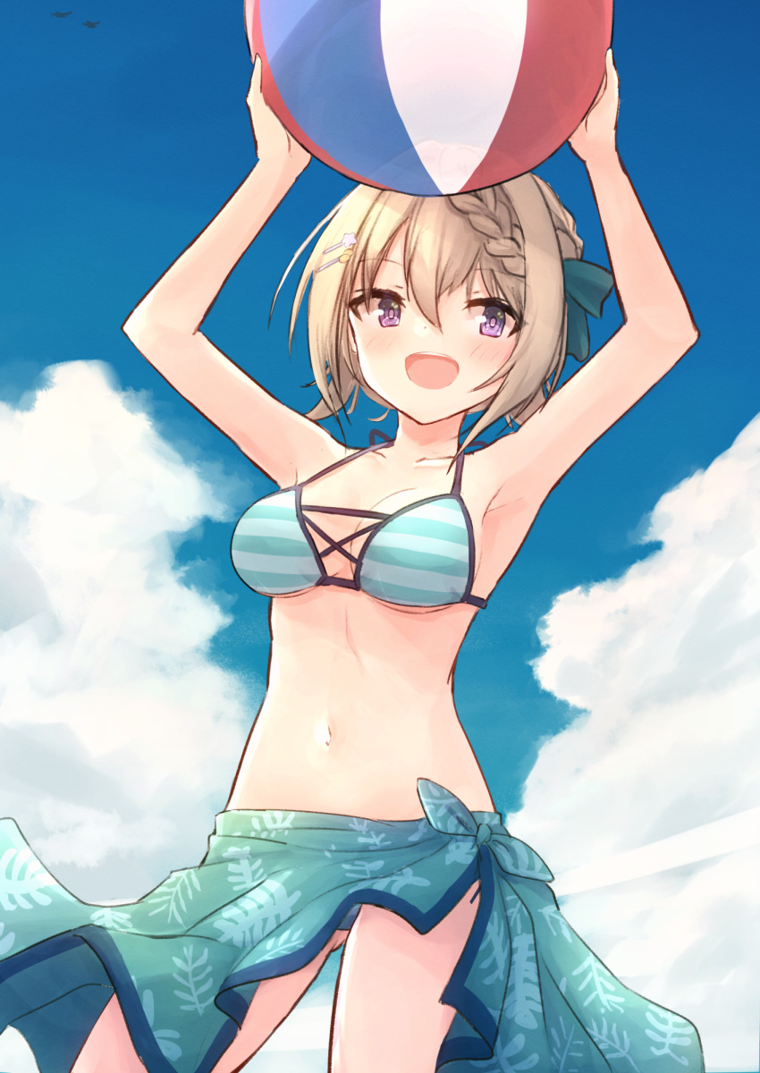 1girl ball beachball bikini blonde_hair blue_sky braid braided_bangs braided_bun breasts centi_mnkt clouds cowboy_shot day highres holding holding_ball holding_beachball kantai_collection medium_breasts official_alternate_costume outdoors perth_(kancolle) sarong sky solo striped striped_bikini swimsuit violet_eyes