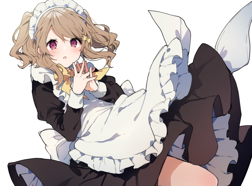 1girl :o apron blush bow bowtie brown_hair commentary_request hair_bow highres ikeuchi_tanuma long_sleeves looking_at_viewer maid maid_headdress original red_eyes short_hair simple_background solo thighs white_apron white_background yellow_bow yellow_neckwear